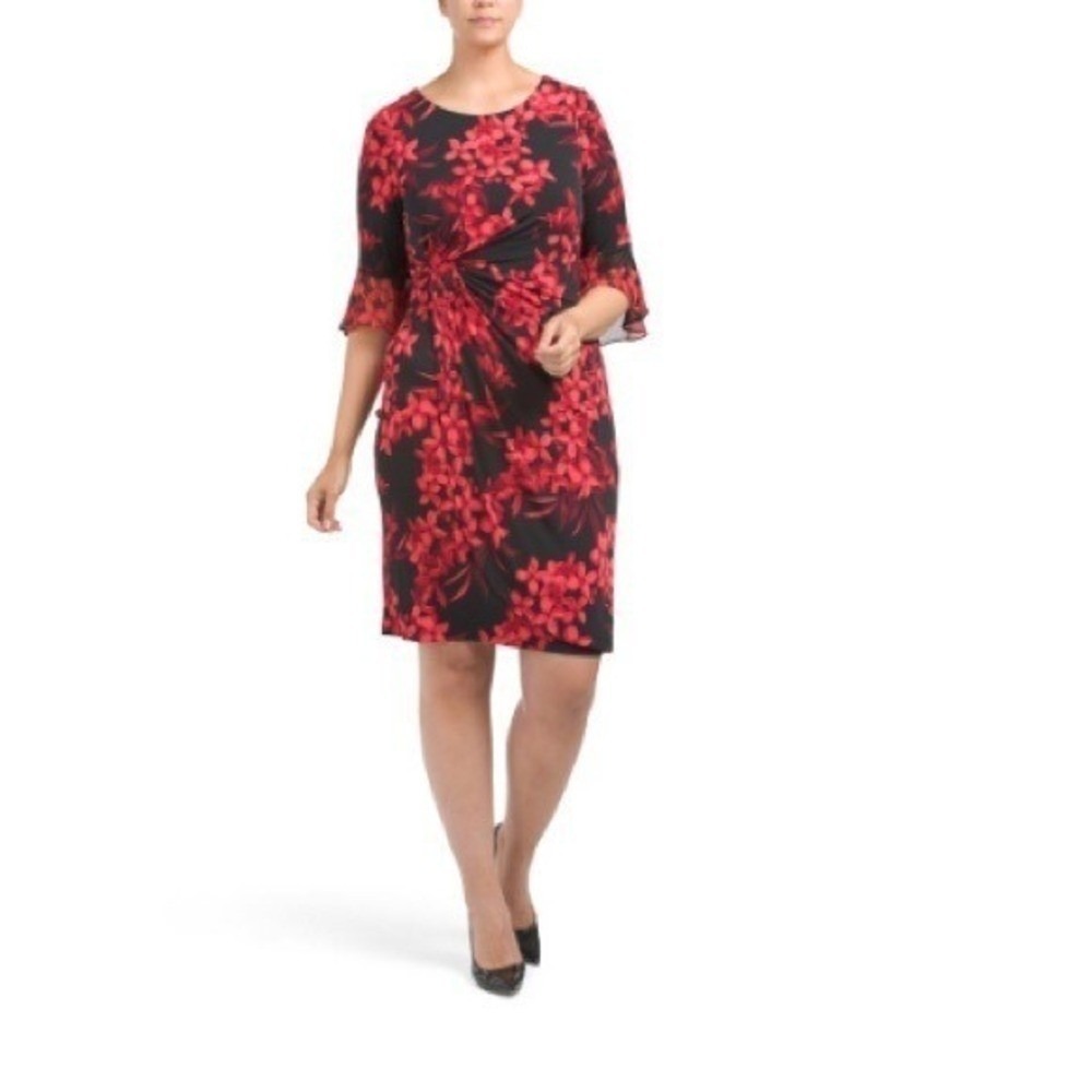 CONNECTED APPAREL Red Floral Plus Gathered Bell Sleeve Faux Wrap Dress Size 24